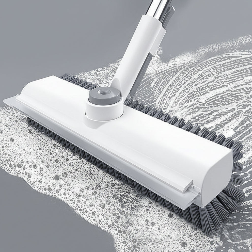 Cleaning a brush with a scrubber head on a gray surface with cleaning solution.