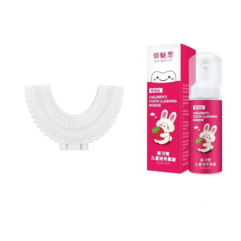 A children's tooth cleaning set on a white background, featuring a white U-shaped toothbrush attachment and a pink bottle of tooth cleaning mozzarella next to its matching pink box.
