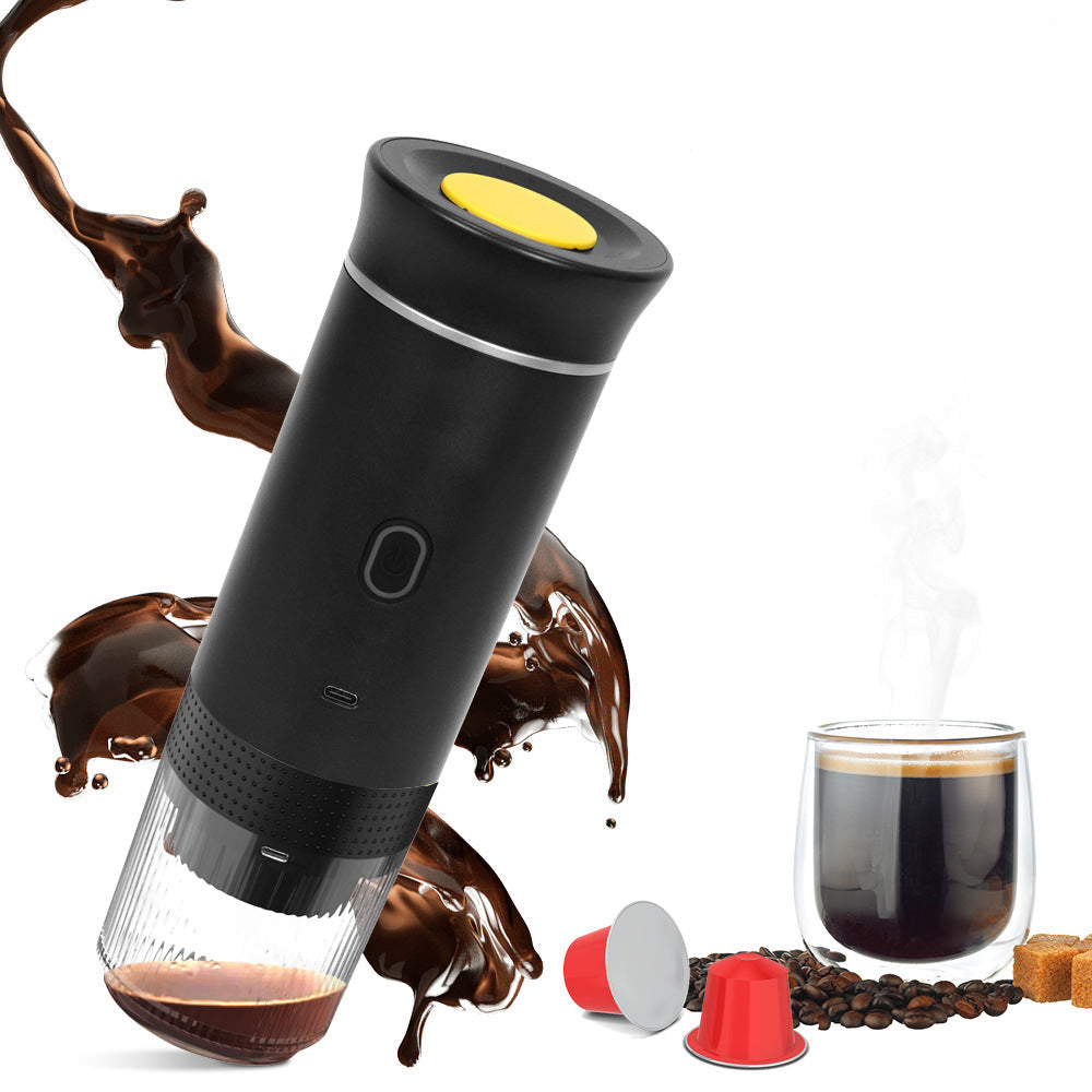 A black portable electric coffee maker with a clear container at the bottom, shown on a white background with coffee splash graphics, coffee beans, coffee capsules, and a cup of black coffee.