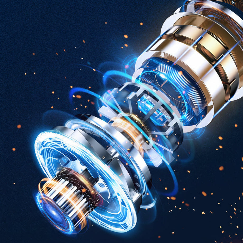 Metallic turbine blade with glowing effects on a dark background
