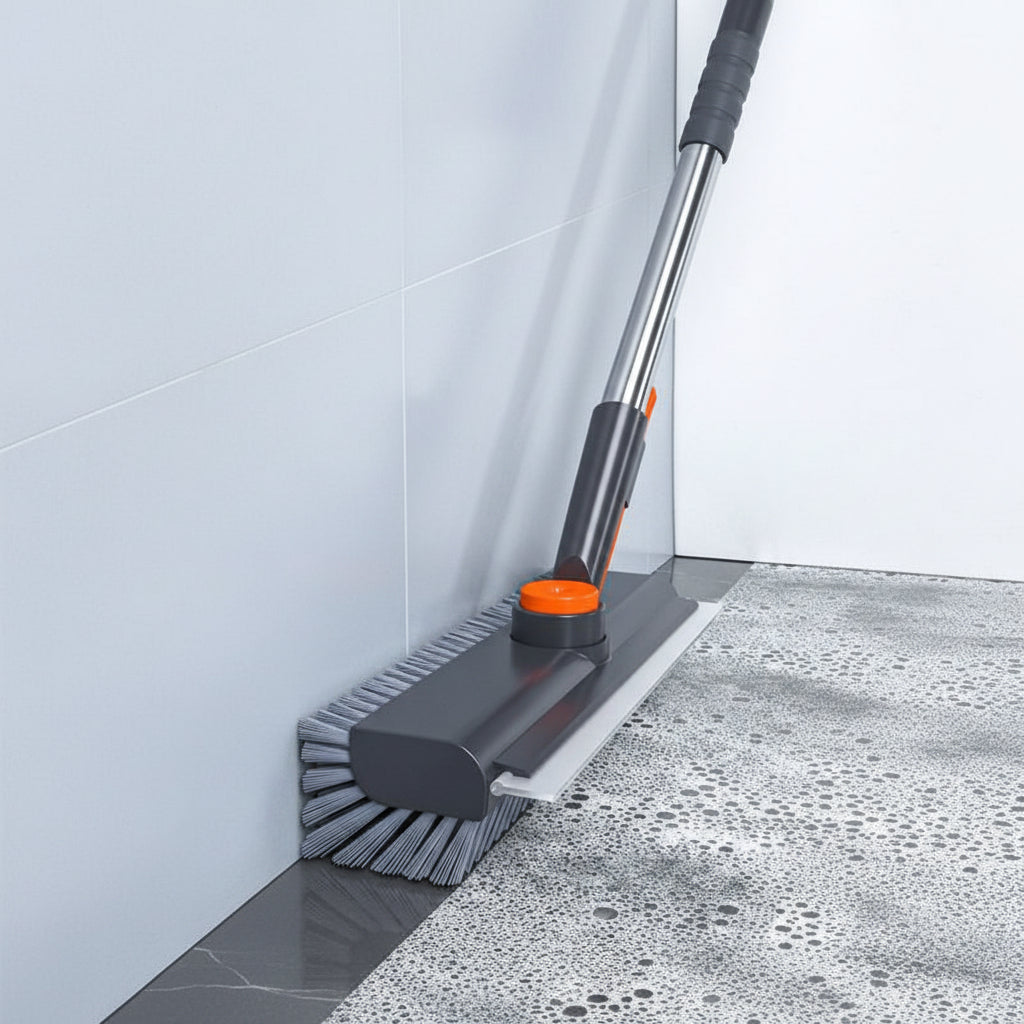 A Bangjie wall-mounted floor scrubber brush shown in use against a bathroom wall and floor, with foamy water visible. The product is dark gray with an orange accent and a black handle.