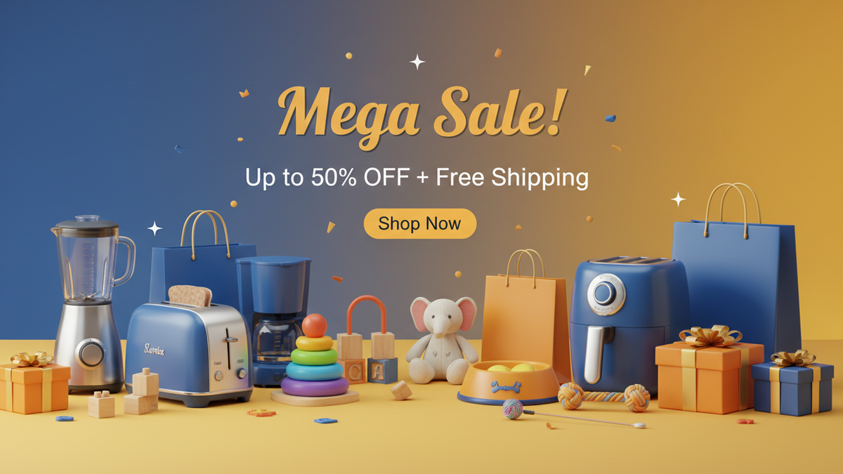 A promotional sale graphic with the text 'Mega Sale! Up to 50% OFF + Free Shipping' and a 'Shop Now' button, set over a styled arrangement of household and toy items including a blender, toaster, coffee maker, shopping bags, a small elephant toy, and gift boxes on a yellow surface against a blue-to-yellow gradient background.
